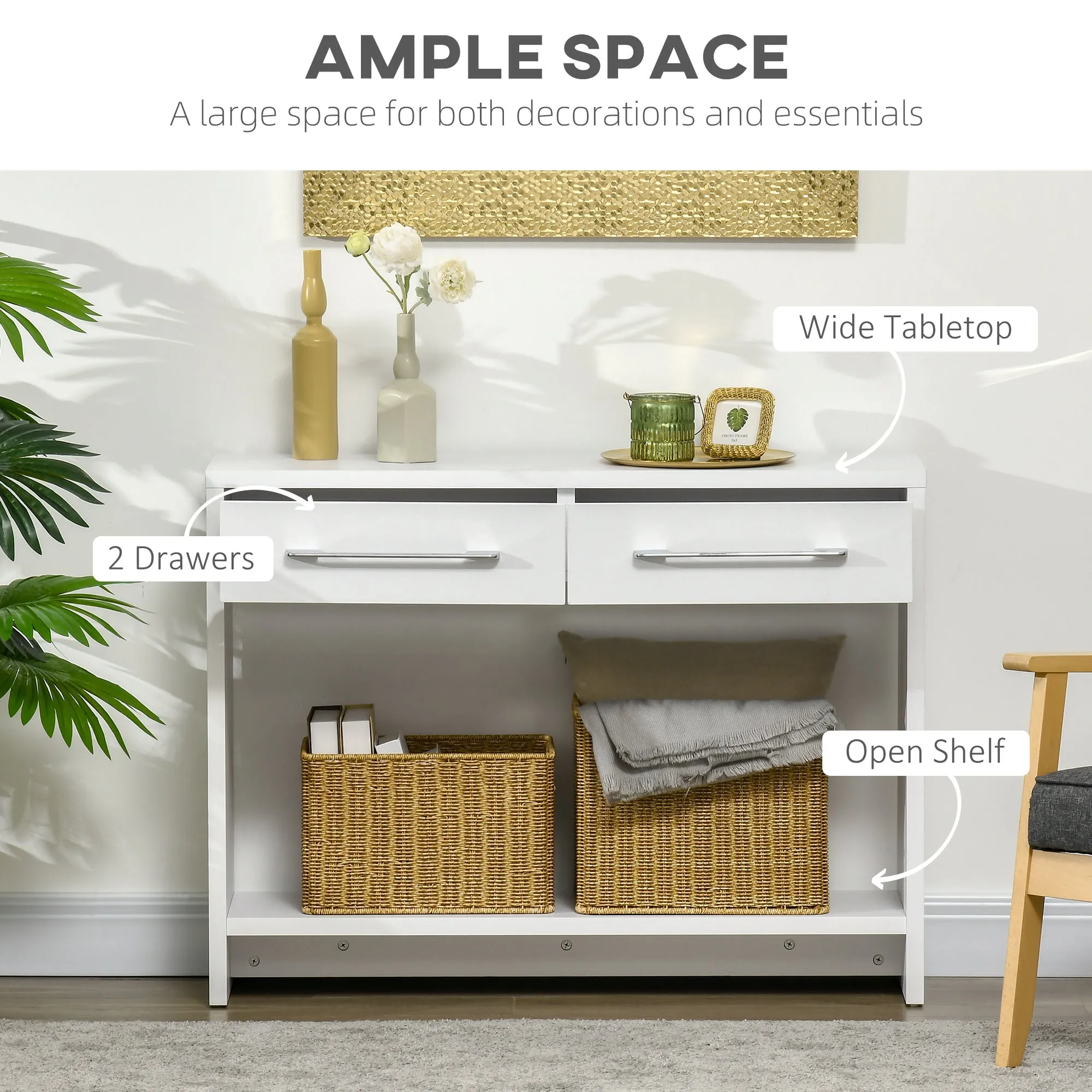 HOMCOM Console Tables, Hallway Table w/ Drawers and Shelf for Living Room,White