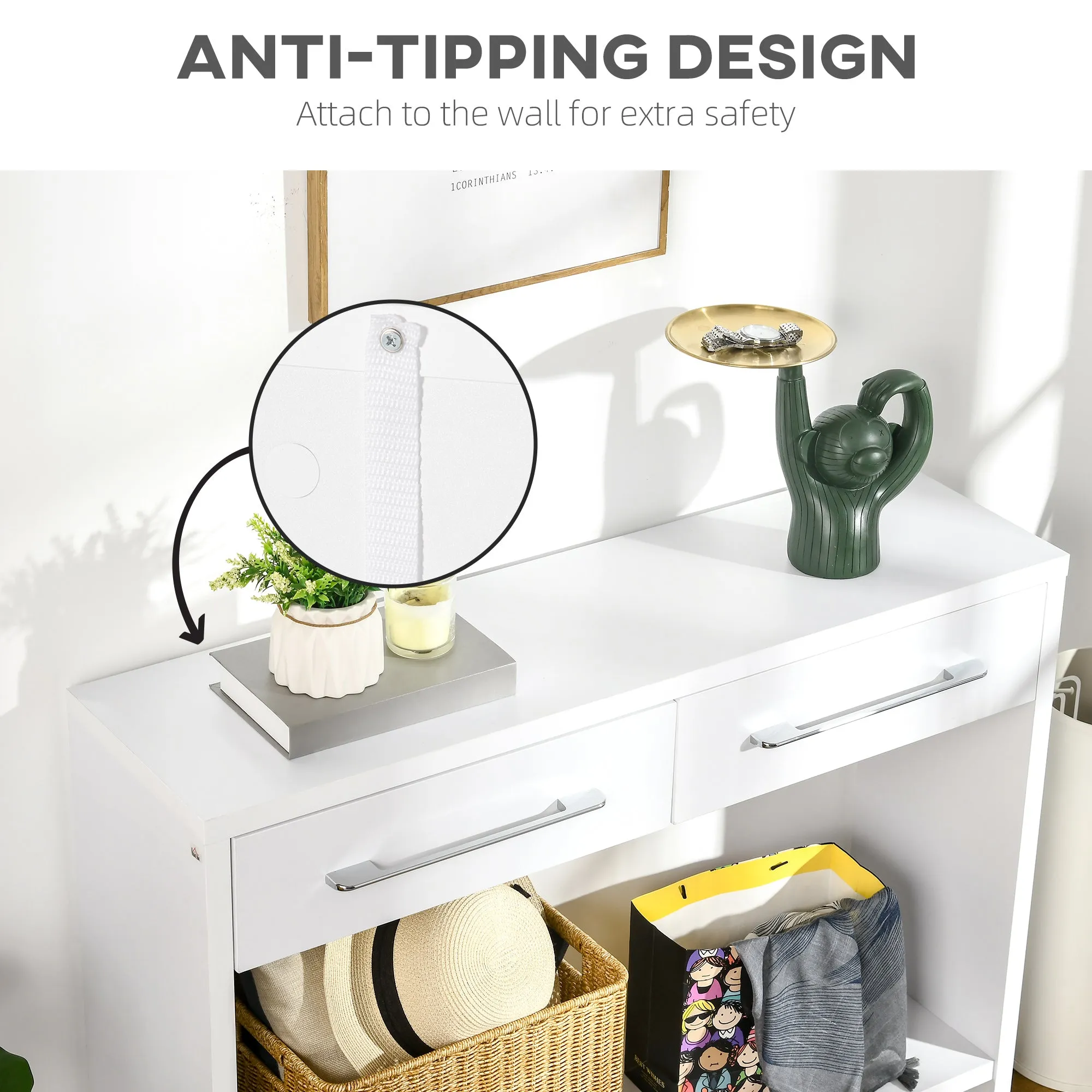 HOMCOM Console Tables, Hallway Table w/ Drawers and Shelf for Living Room,White