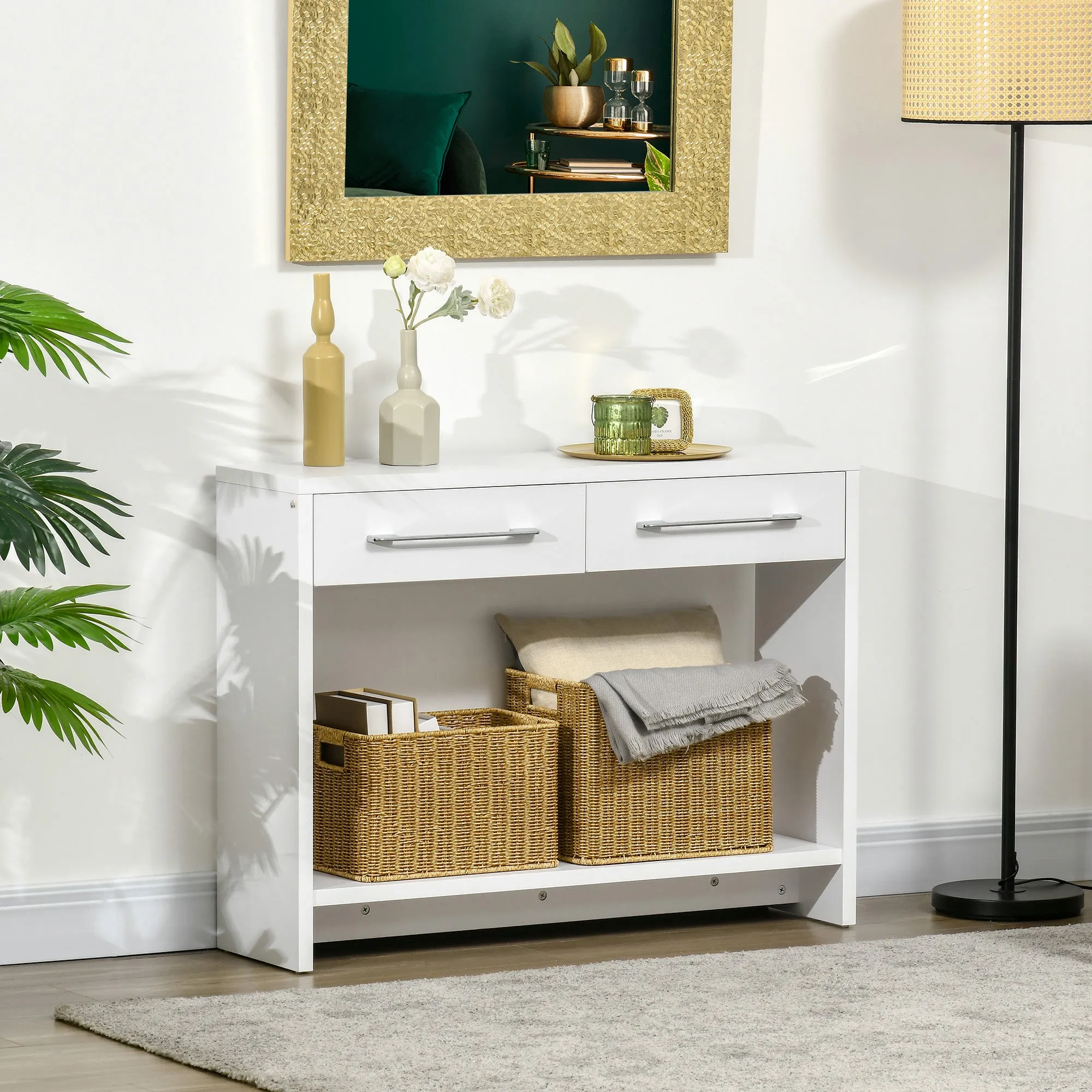 HOMCOM Console Tables, Hallway Table w/ Drawers and Shelf for Living Room,White