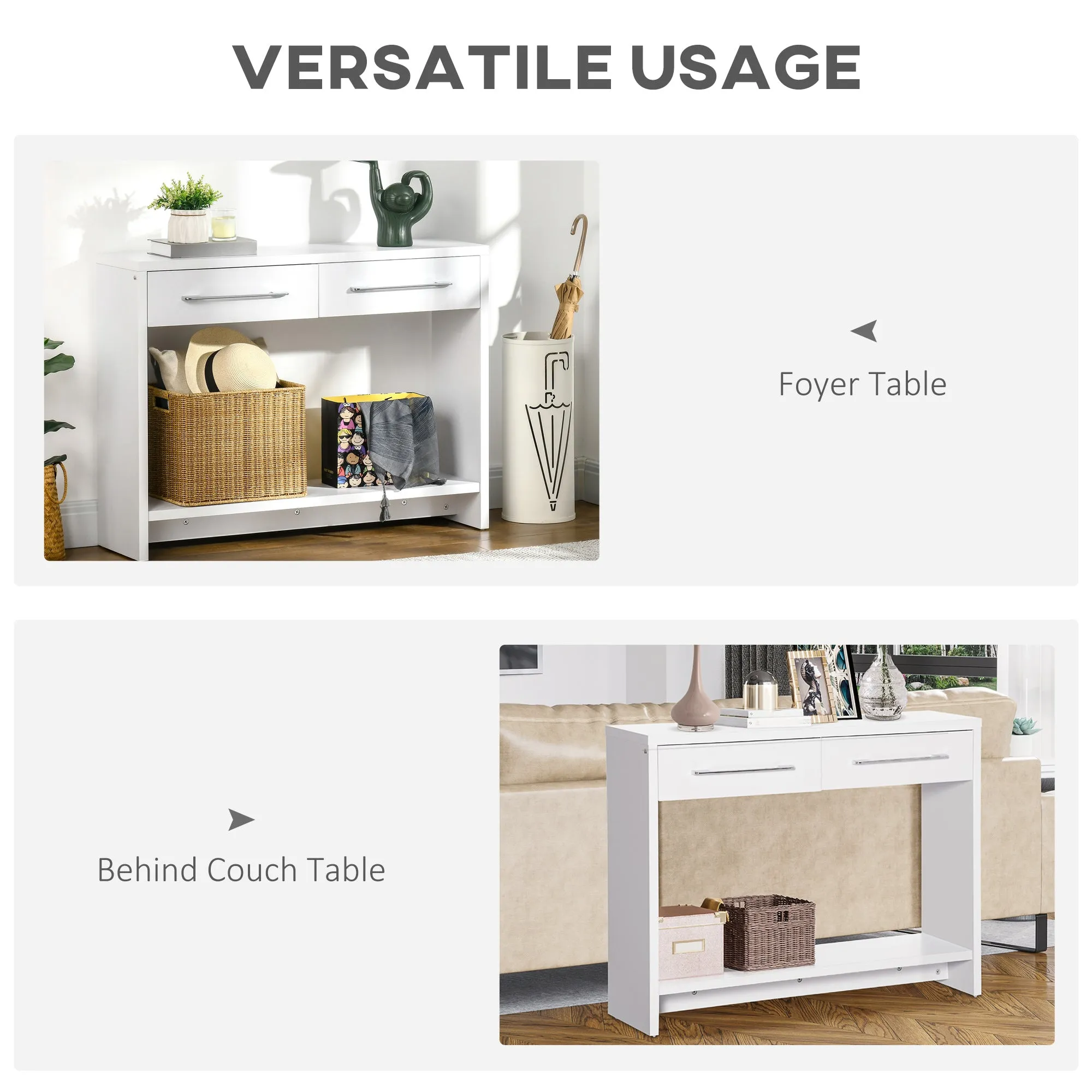 HOMCOM Console Tables, Hallway Table w/ Drawers and Shelf for Living Room,White