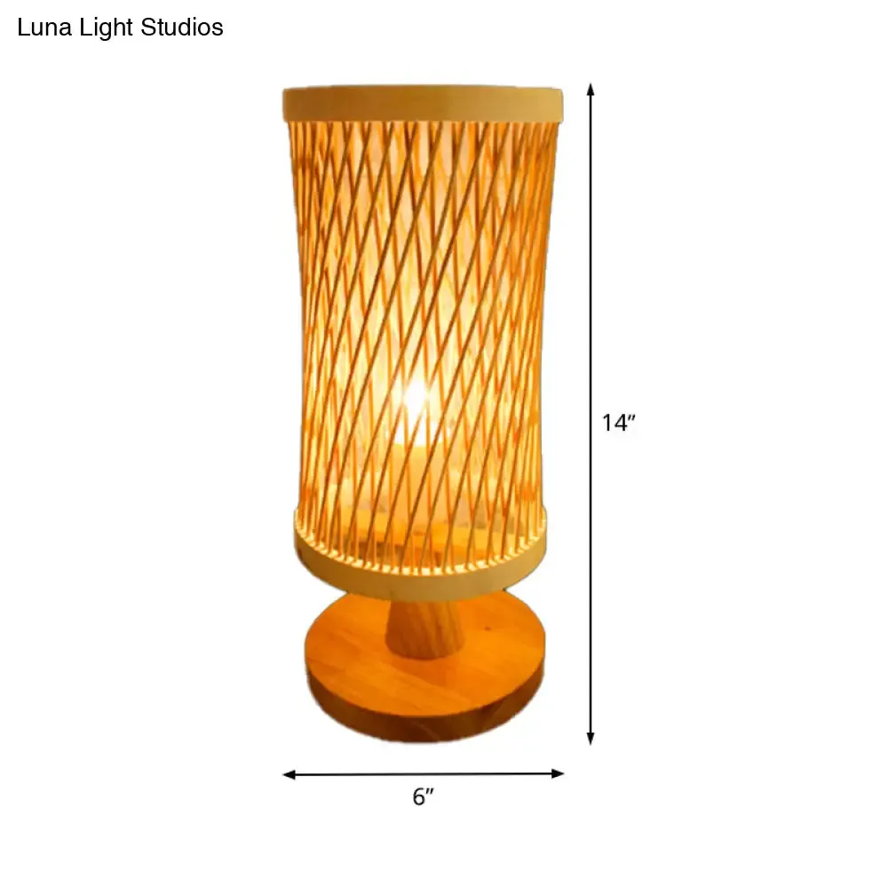 Japanese Bamboo Desk Lamp with Round Wood Base - Beige