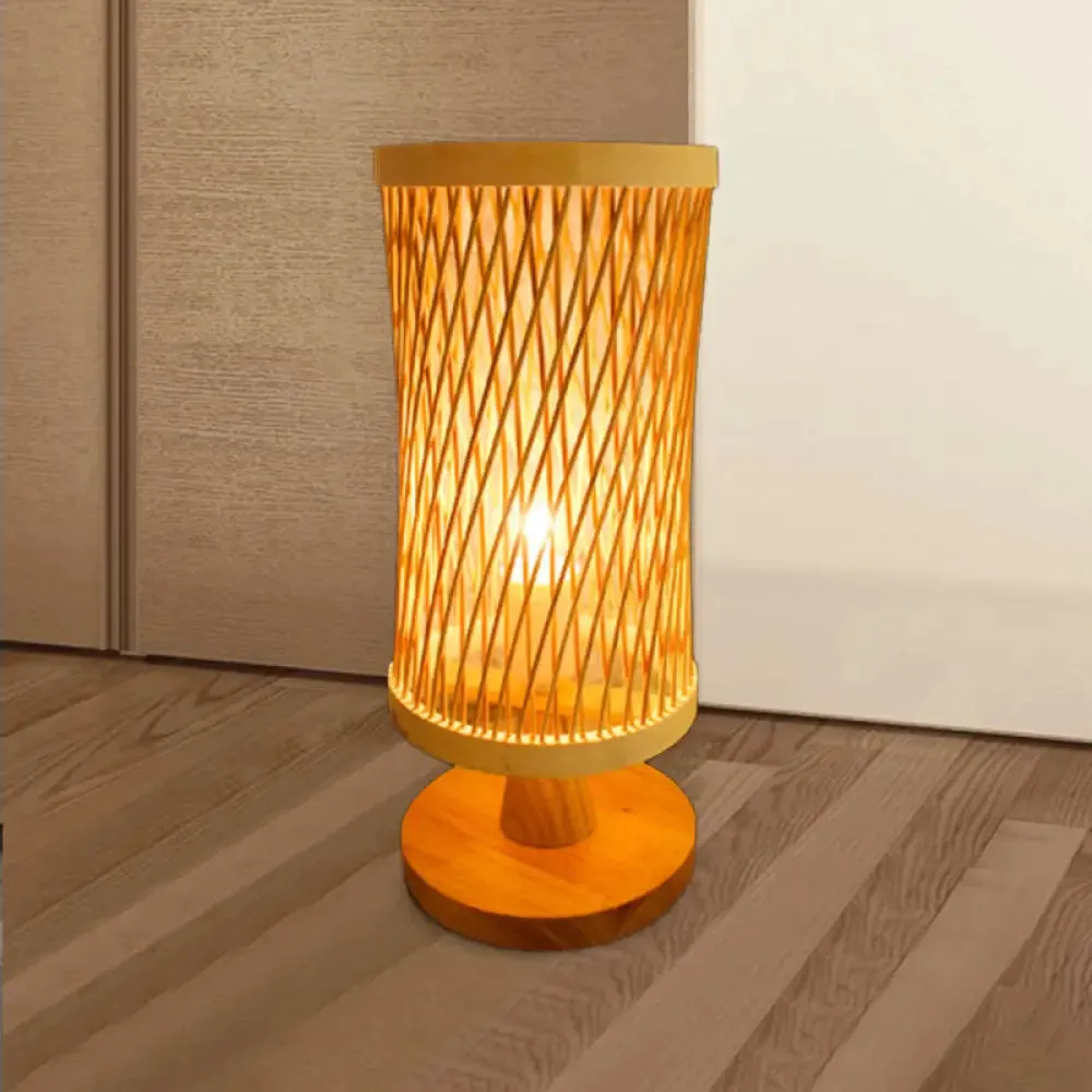Japanese Bamboo Desk Lamp with Round Wood Base - Beige