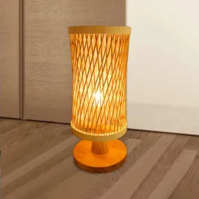 Japanese Bamboo Desk Lamp with Round Wood Base - Beige