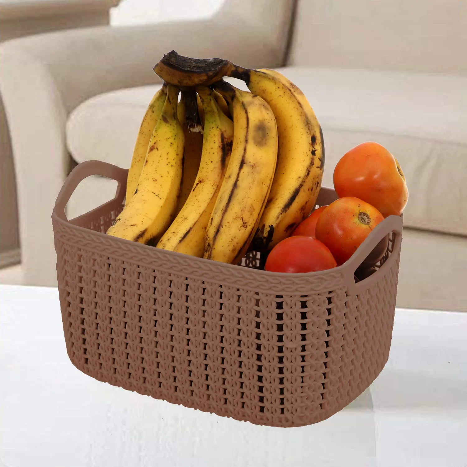 Kuber Industries Unbreakable Plastic 2 Pieces Multipurpose Medium Size Flexible Storage Baskets/Fruit Vegetable Bathroom Stationary Home Basket with Handles (Brown) -CTKTC39046