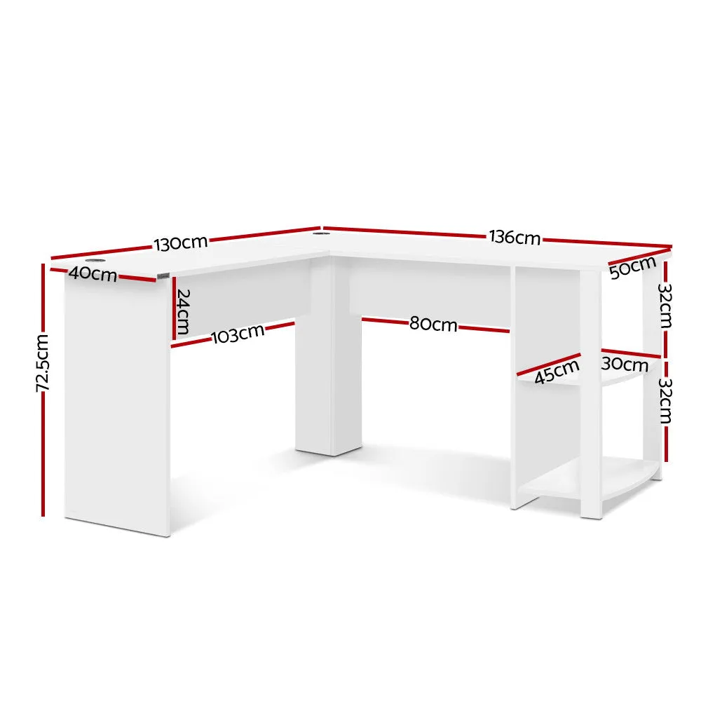 L-Shape Computer Desk with Shelves, White, 136CM - Artiss