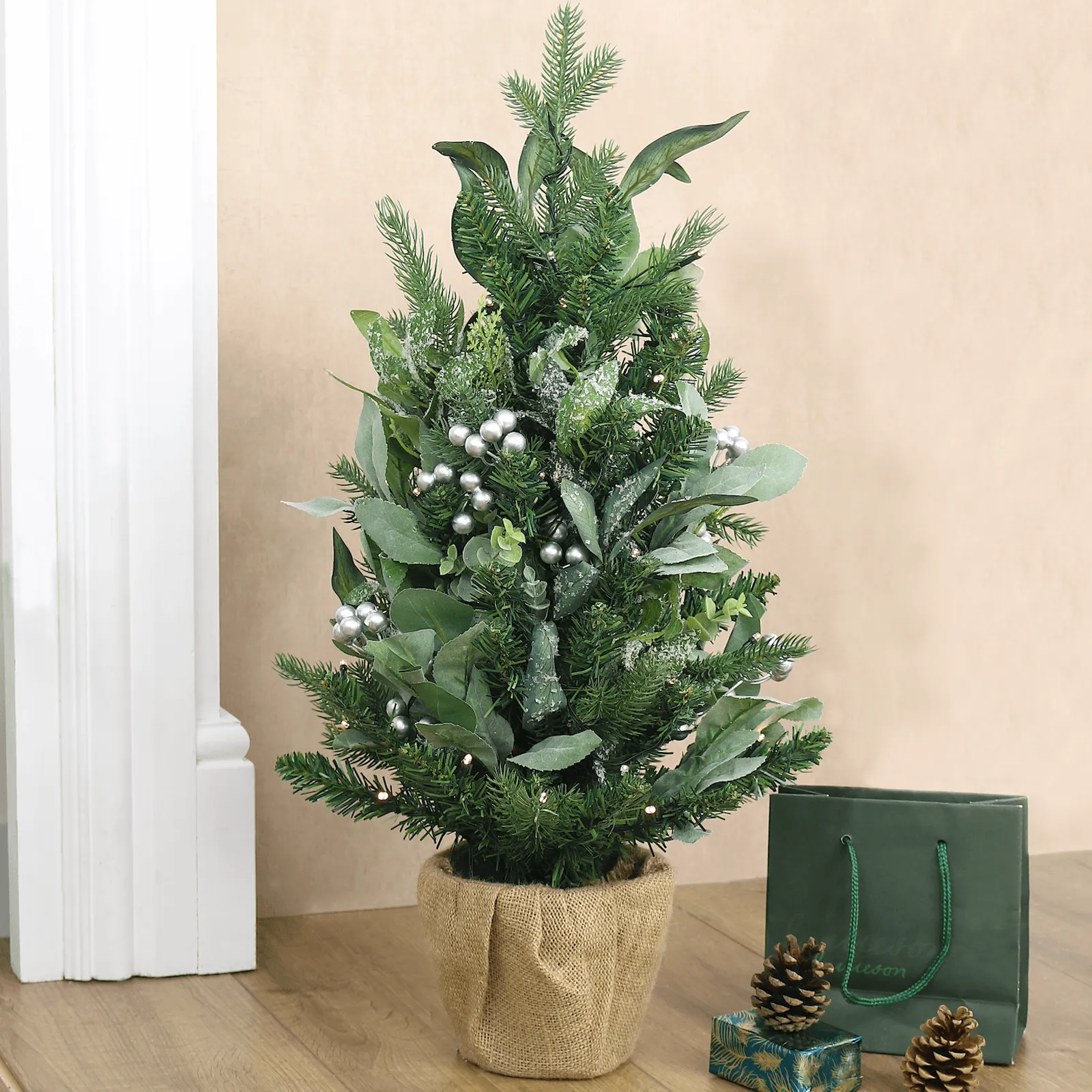 Light Up Mini Christmas Tree Silver Berries Frosted Green 60cm