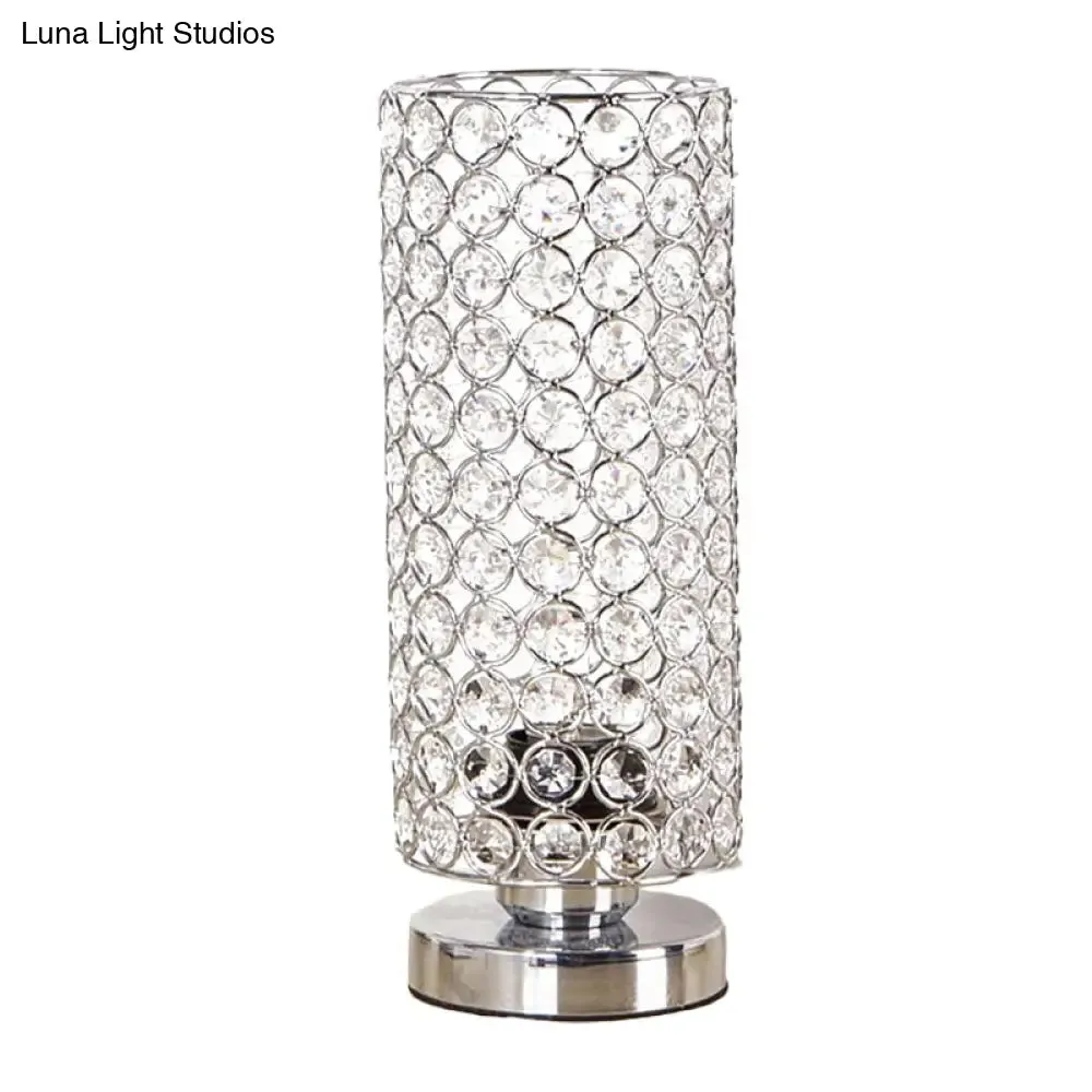 Minimalist Chrome Finish Table Lamp - Modern 1 Light Bedroom Desk Light with Crystal-Encrusted Shade