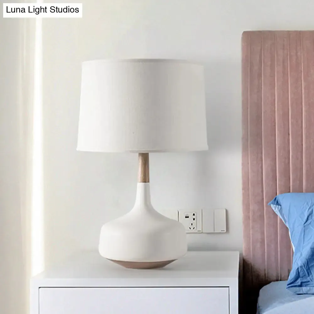 Minimalist White Drum Table Lamp with Fabric Shade - Perfect for Bedroom Desk