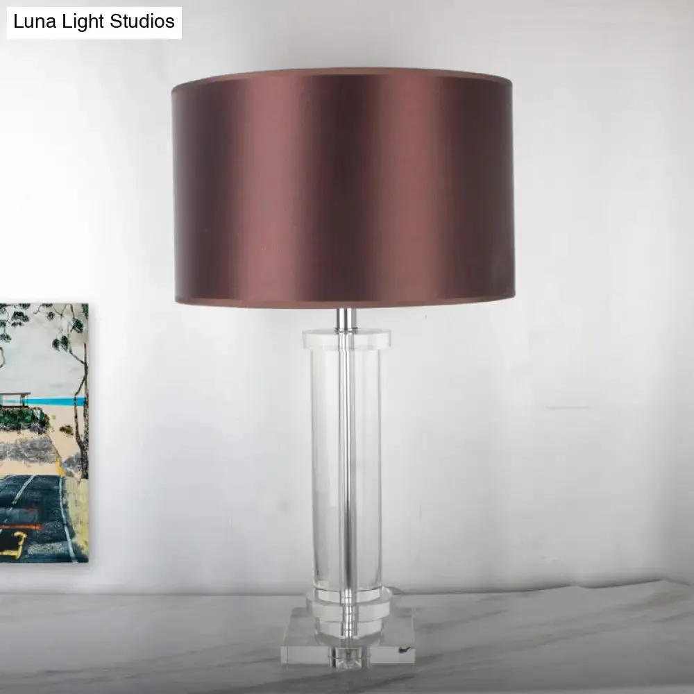 Modern Brown Small Desk Lamp with Fabric Shade - 1-Bulb Cylindrical Task Lighting