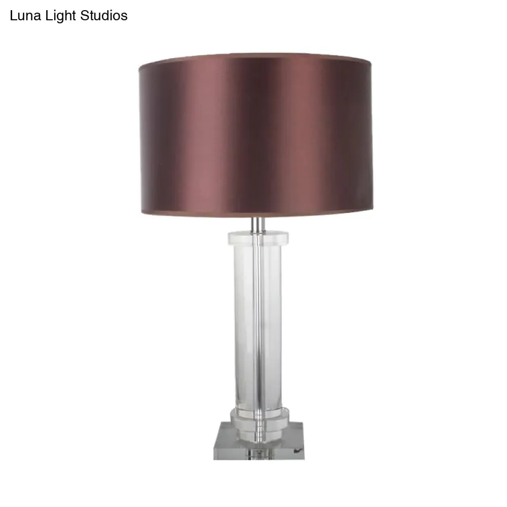 Modern Brown Small Desk Lamp with Fabric Shade - 1-Bulb Cylindrical Task Lighting