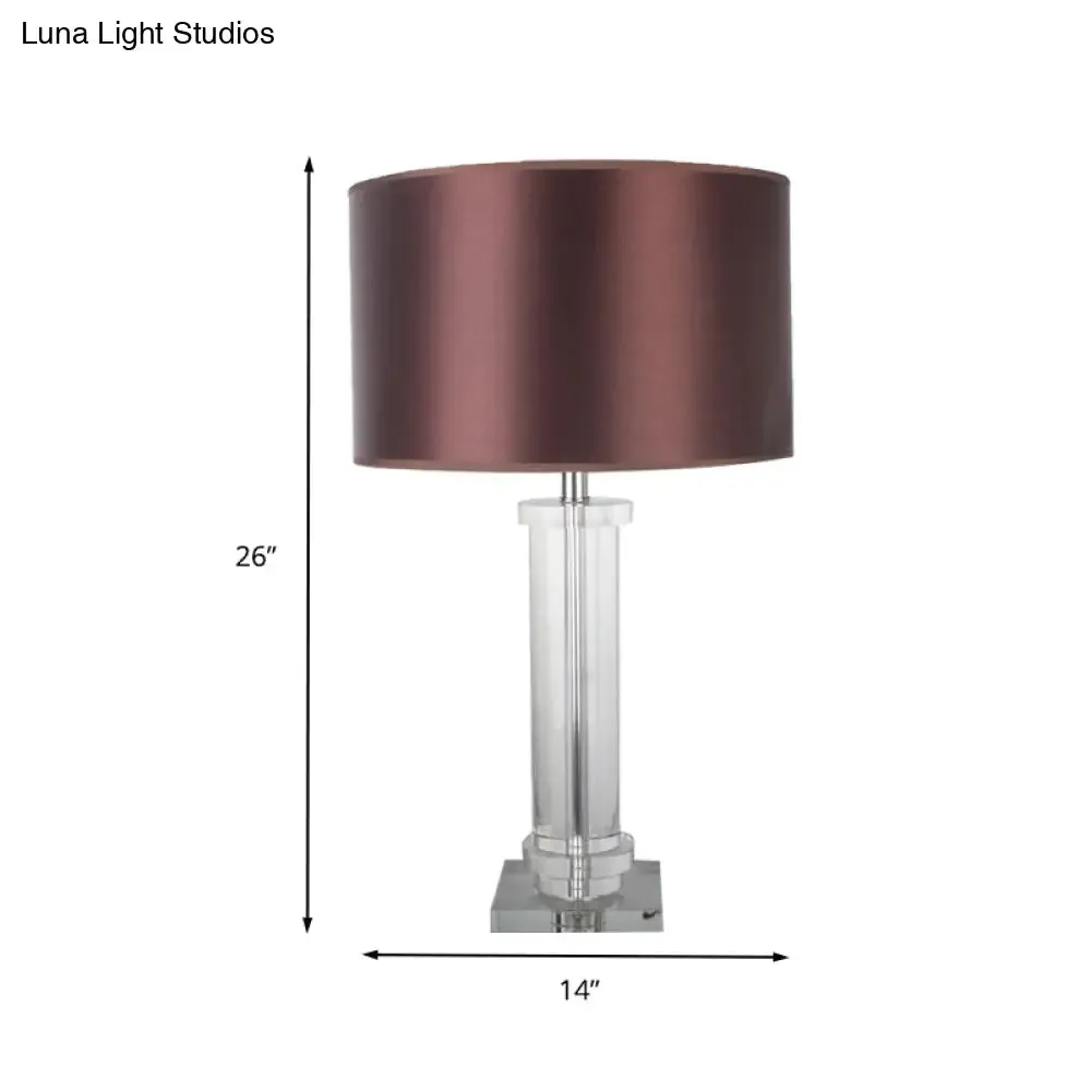 Modern Brown Small Desk Lamp with Fabric Shade - 1-Bulb Cylindrical Task Lighting