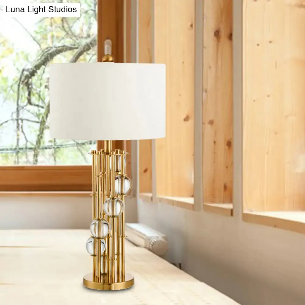 Modern Fabric Drum Desk Night Light with Crystal Ball - White Table Lamp, 1 Bulb