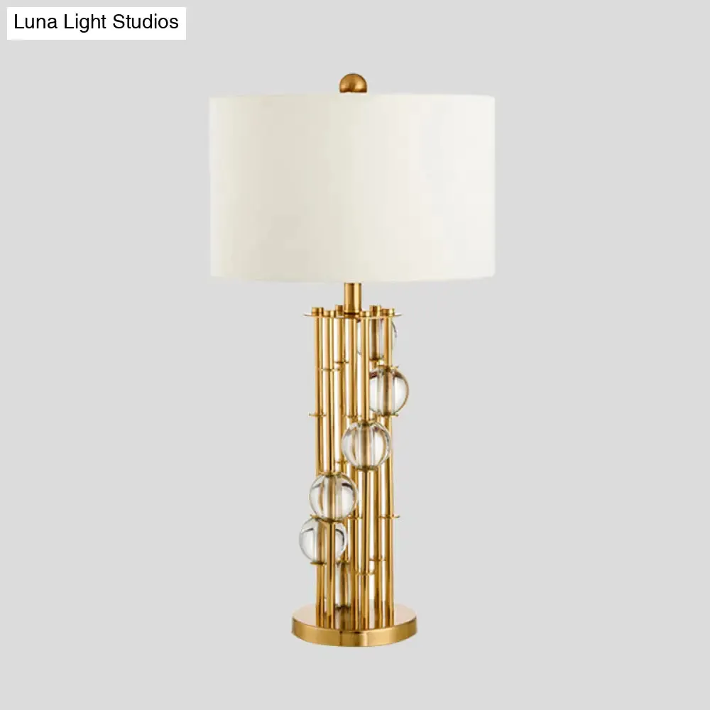 Modern Fabric Drum Desk Night Light with Crystal Ball - White Table Lamp, 1 Bulb