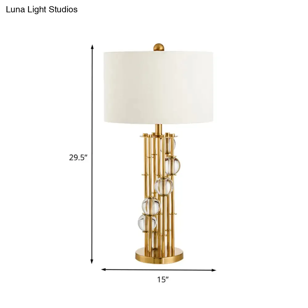 Modern Fabric Drum Desk Night Light with Crystal Ball - White Table Lamp, 1 Bulb