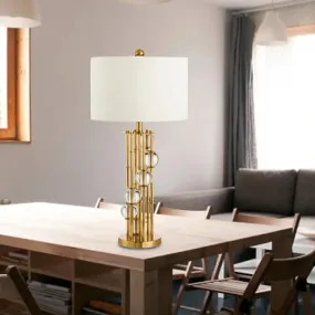 Modern Fabric Drum Desk Night Light with Crystal Ball - White Table Lamp, 1 Bulb