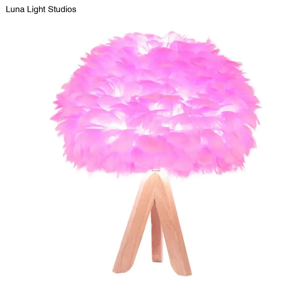 Modern Fabric Feather Desk Lamp: Pink Table Light with Wood Tripod Base