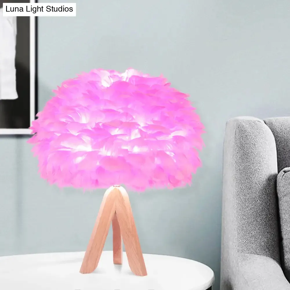 Modern Fabric Feather Desk Lamp: Pink Table Light with Wood Tripod Base