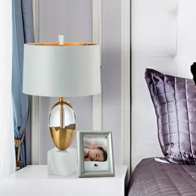 Modern Gold Drum Shade Table Lamp with Square White Marble Base - 1 Bulb Desk Light