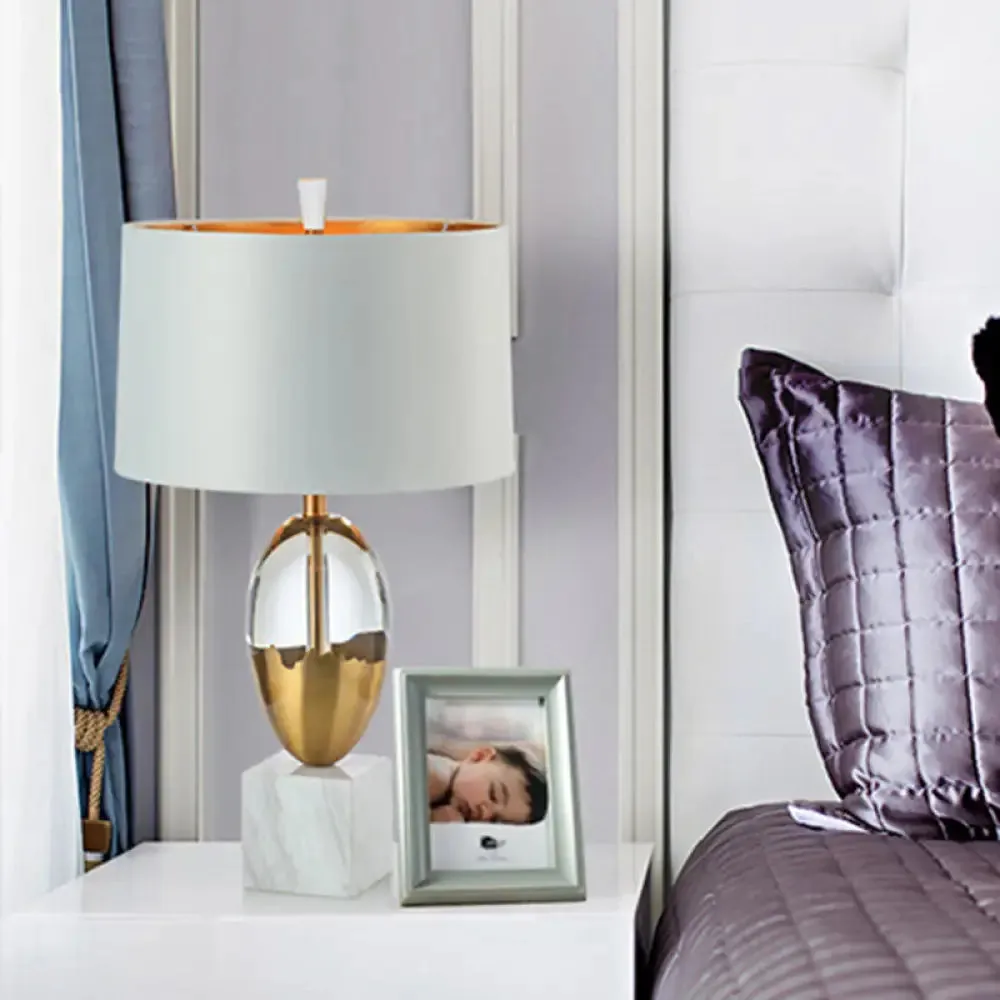 Modern Gold Drum Shade Table Lamp with Square White Marble Base - 1 Bulb Desk Light