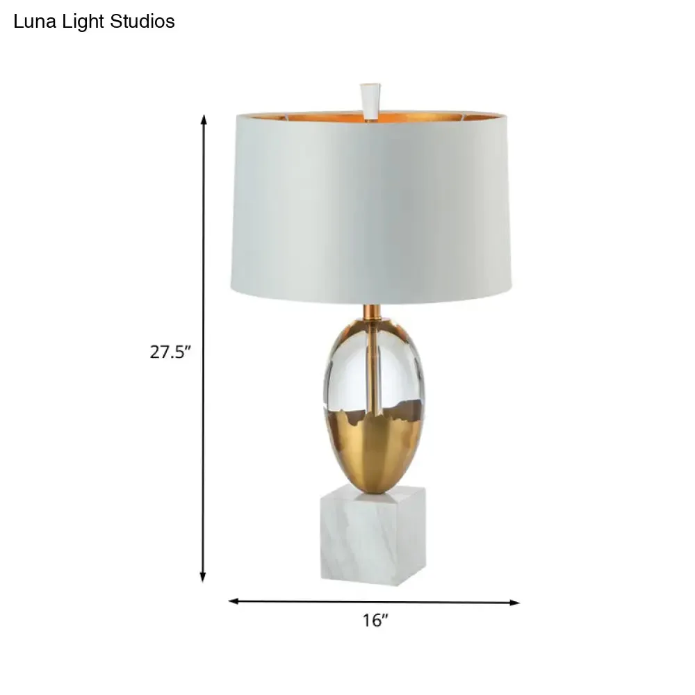 Modern Gold Drum Shade Table Lamp with Square White Marble Base - 1 Bulb Desk Light