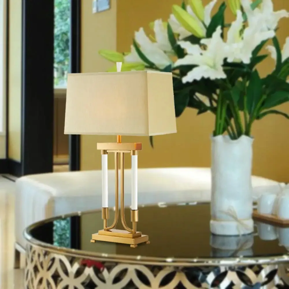 Modern Gold Trapezoid Small Desk Lamp with Fabric Shade for Task Lighting