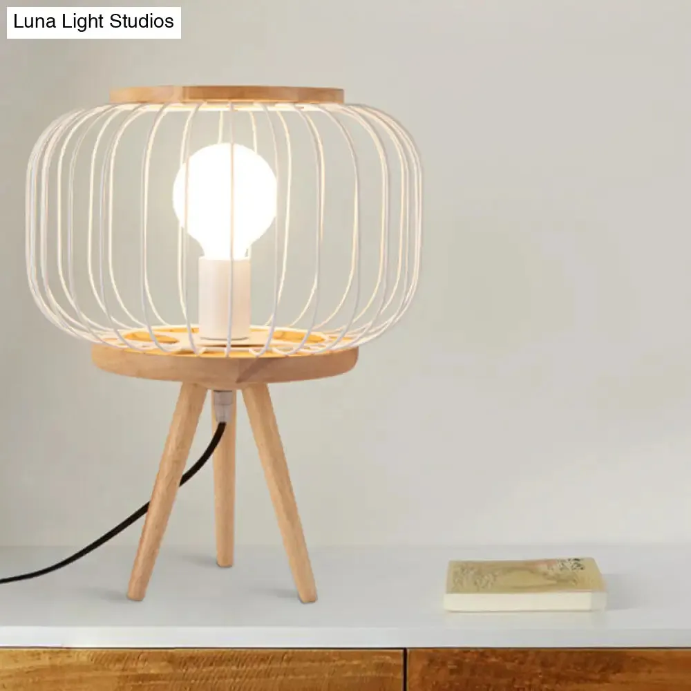 Modern Table Lamp - Drum Cage Iron Light with Wood Tripod Base, White/Black Finish