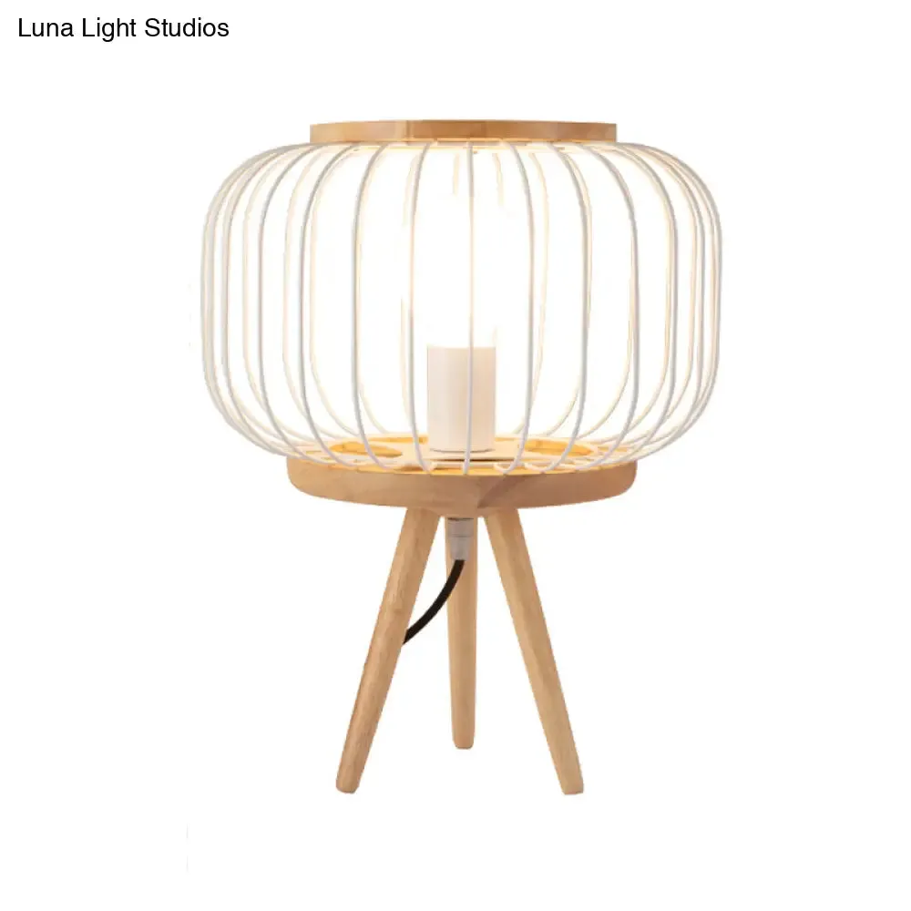 Modern Table Lamp - Drum Cage Iron Light with Wood Tripod Base, White/Black Finish
