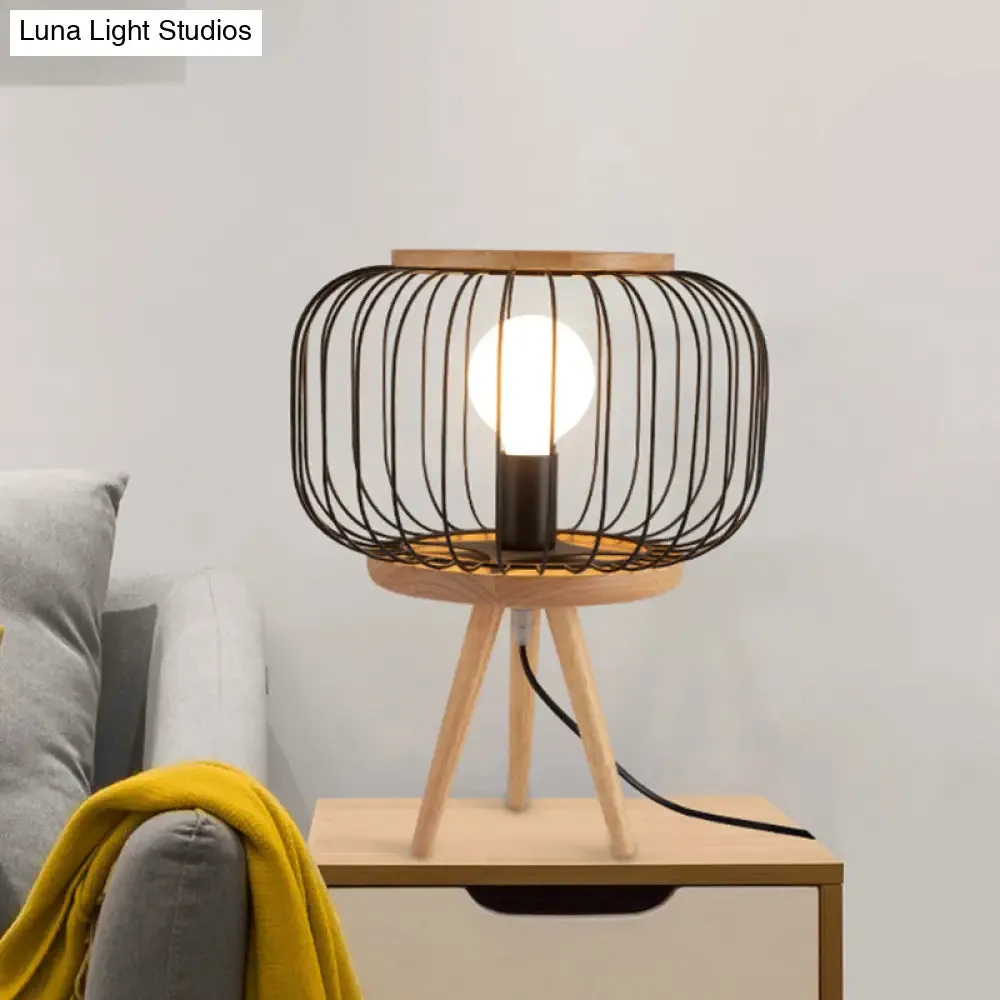 Modern Table Lamp - Drum Cage Iron Light with Wood Tripod Base, White/Black Finish