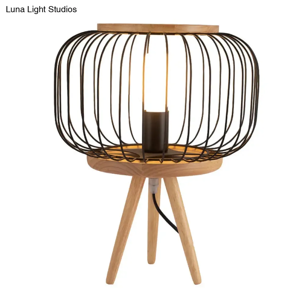 Modern Table Lamp - Drum Cage Iron Light with Wood Tripod Base, White/Black Finish