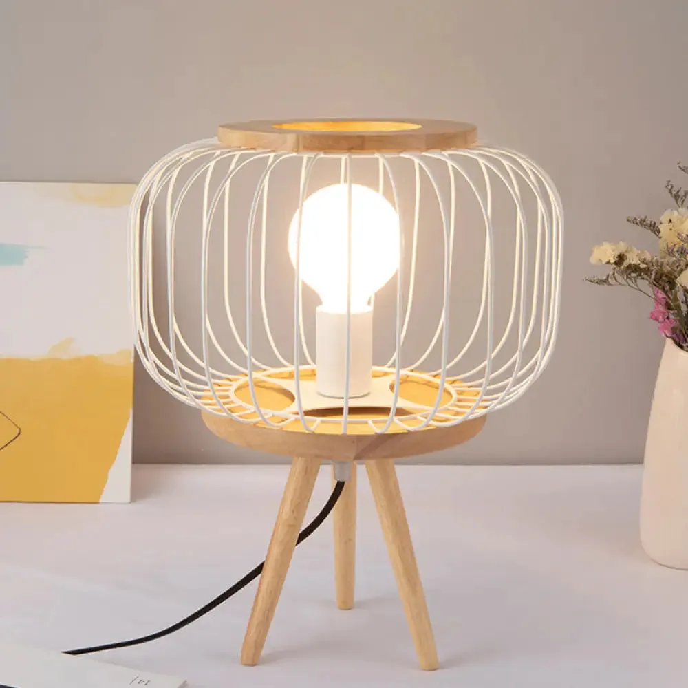 Modern Table Lamp - Drum Cage Iron Light with Wood Tripod Base, White/Black Finish