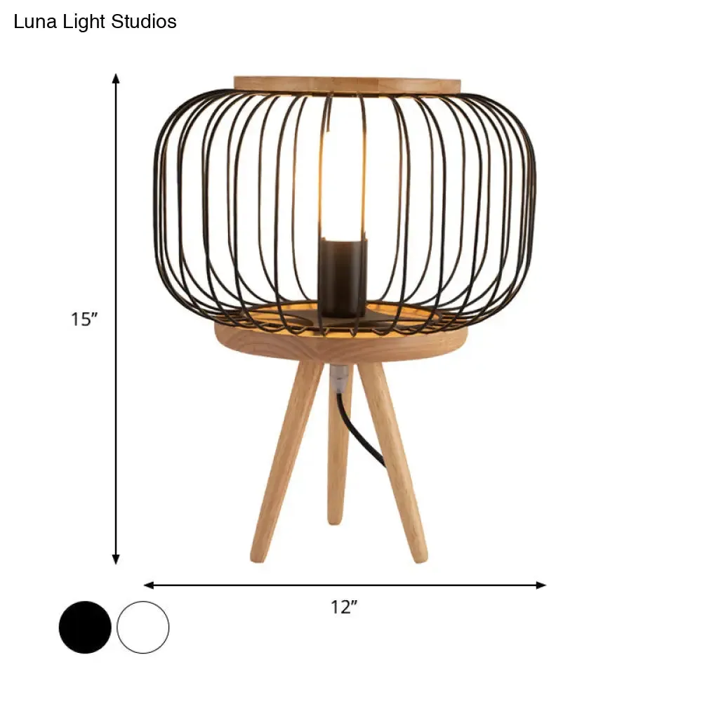 Modern Table Lamp - Drum Cage Iron Light with Wood Tripod Base, White/Black Finish