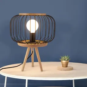 Modern Table Lamp - Drum Cage Iron Light with Wood Tripod Base, White/Black Finish