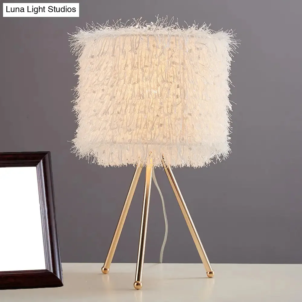 Modernist Fabric Drum Shade Table Light - White/Pink Desk Lamp with Tripod Base