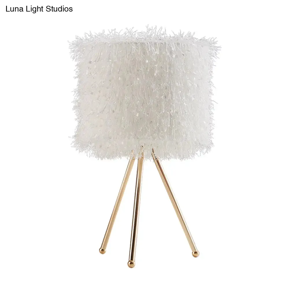 Modernist Fabric Drum Shade Table Light - White/Pink Desk Lamp with Tripod Base