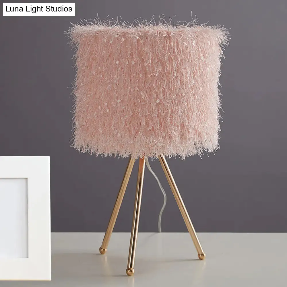 Modernist Fabric Drum Shade Table Light - White/Pink Desk Lamp with Tripod Base