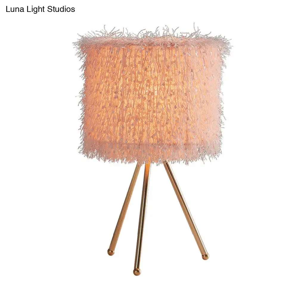 Modernist Fabric Drum Shade Table Light - White/Pink Desk Lamp with Tripod Base