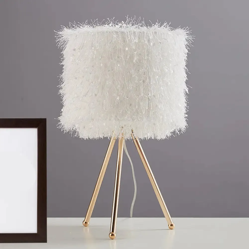 Modernist Fabric Drum Shade Table Light - White/Pink Desk Lamp with Tripod Base