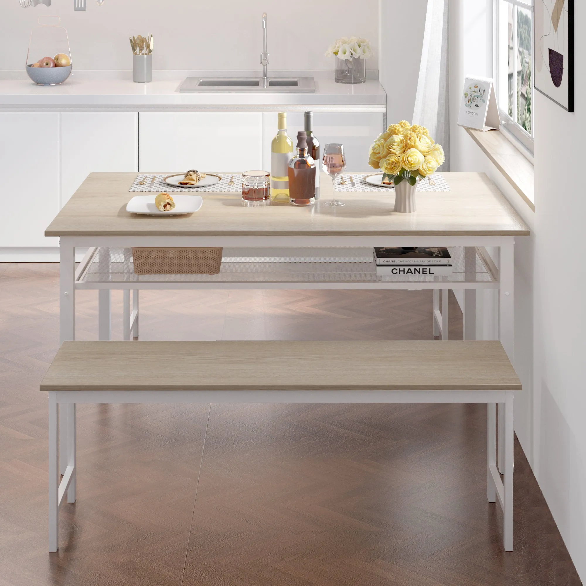 Moss 3pc Dining Set Farmhouse Table with 2 Benches - White Oak