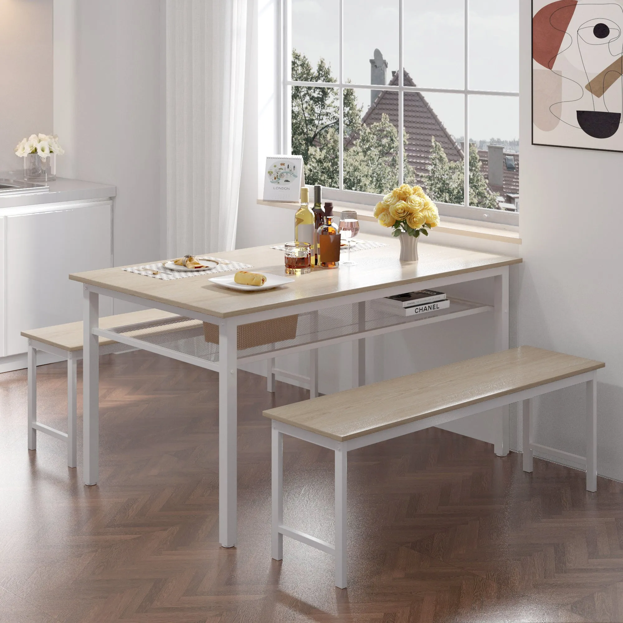 Moss 3pc Dining Set Farmhouse Table with 2 Benches - White Oak