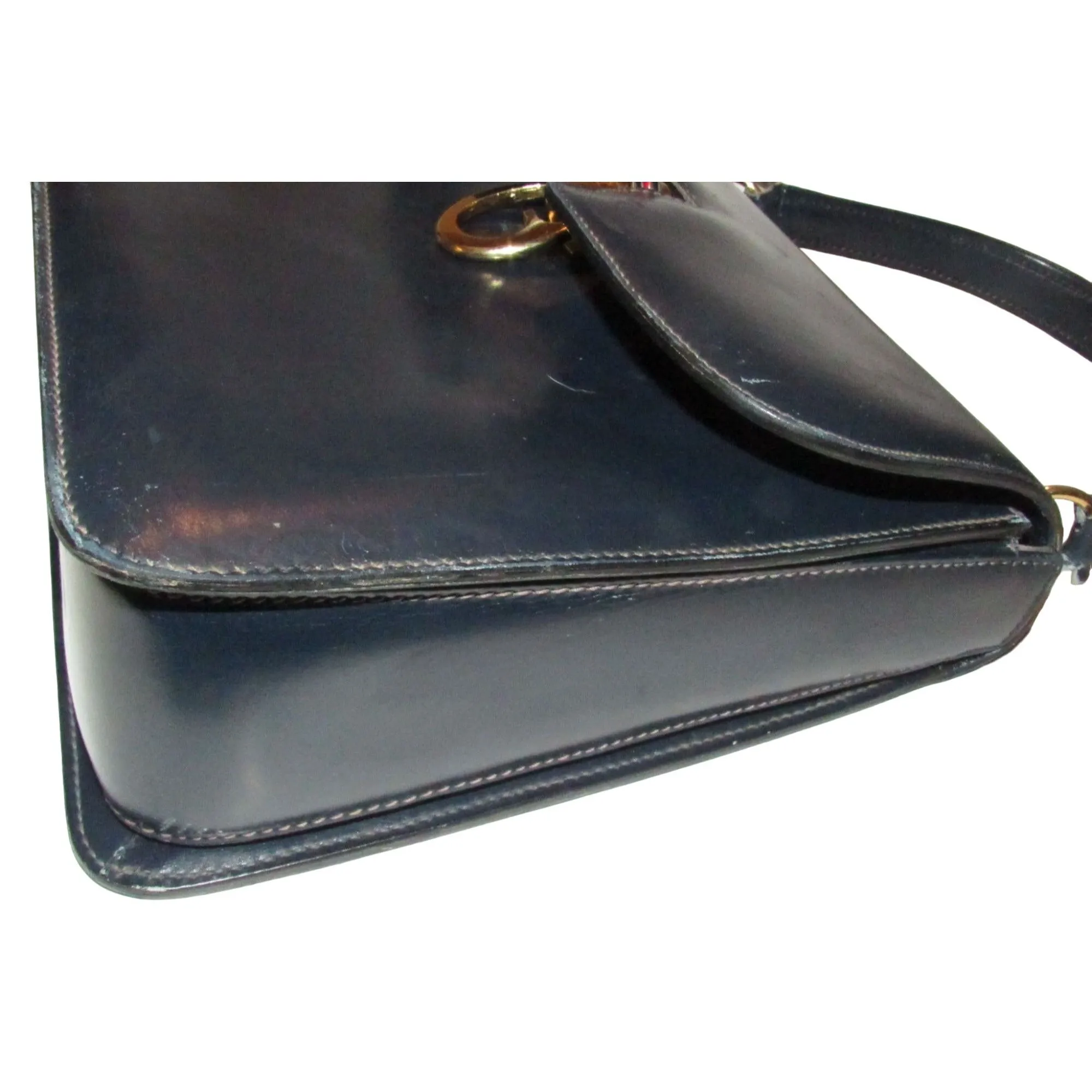 One of a kind, early Gucci, 1960's mod, hard and boxy, structured, navy leather, top handle shoulder bag with gold, equestri