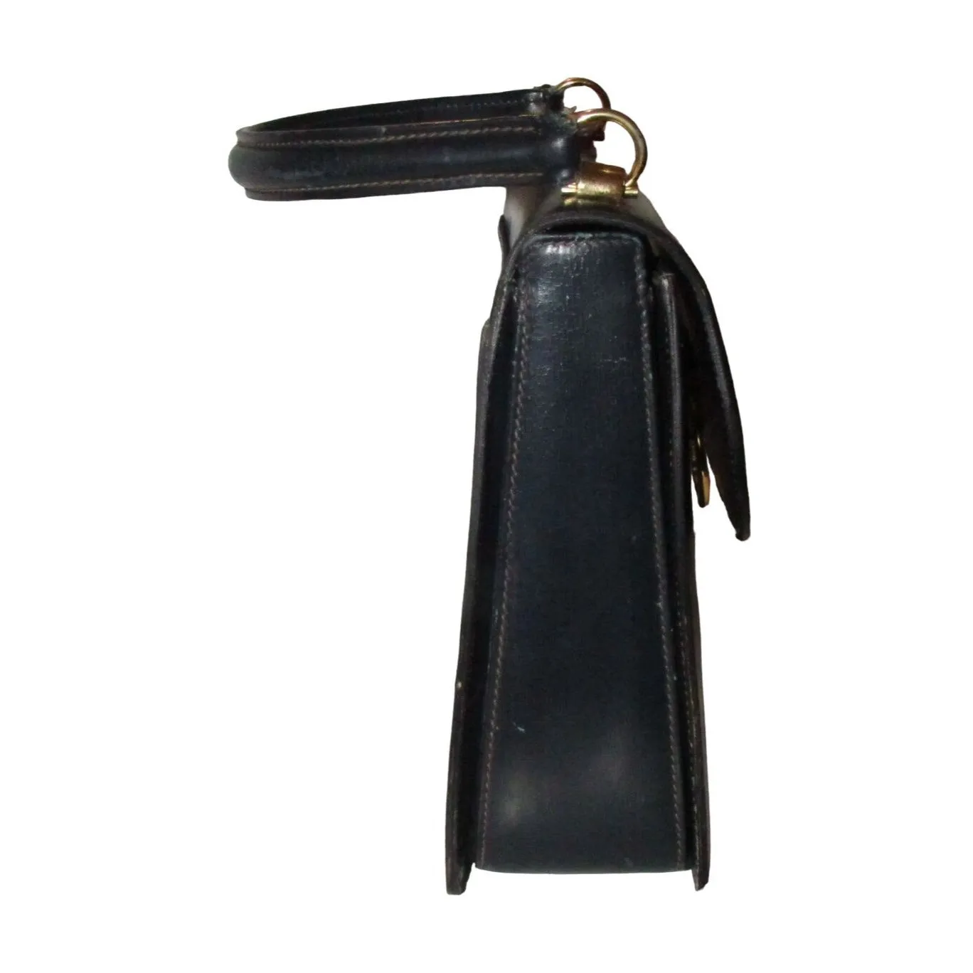 One of a kind, early Gucci, 1960's mod, hard and boxy, structured, navy leather, top handle shoulder bag with gold, equestri