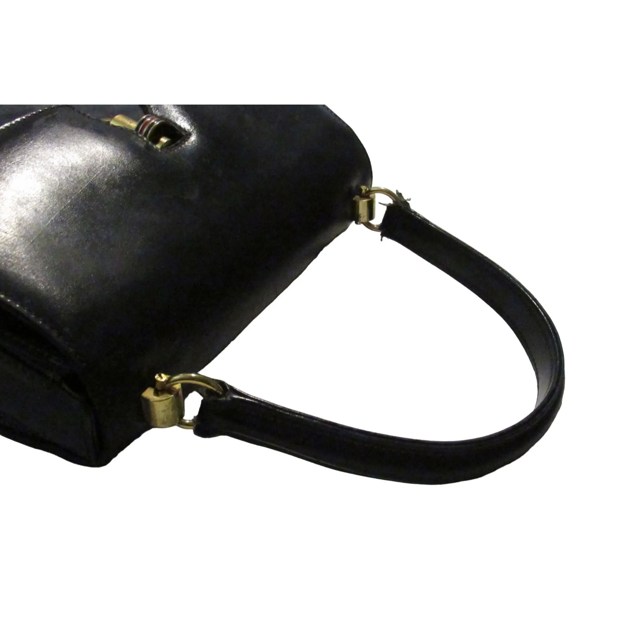 One of a kind, early Gucci, 1960's mod, hard and boxy, structured, navy leather, top handle shoulder bag with gold, equestri