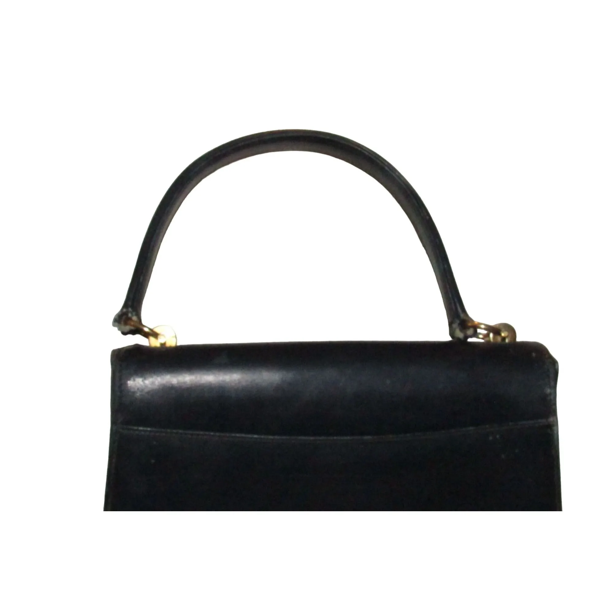 One of a kind, early Gucci, 1960's mod, hard and boxy, structured, navy leather, top handle shoulder bag with gold, equestri