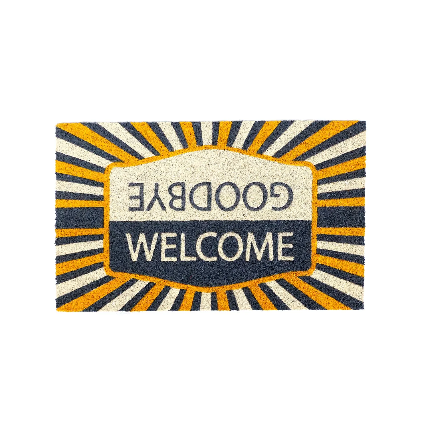 OnlyMat Retro WELCOME GOODBYE Inverse Design Yellow & Grey Printed Natural Coir Entrance Mat