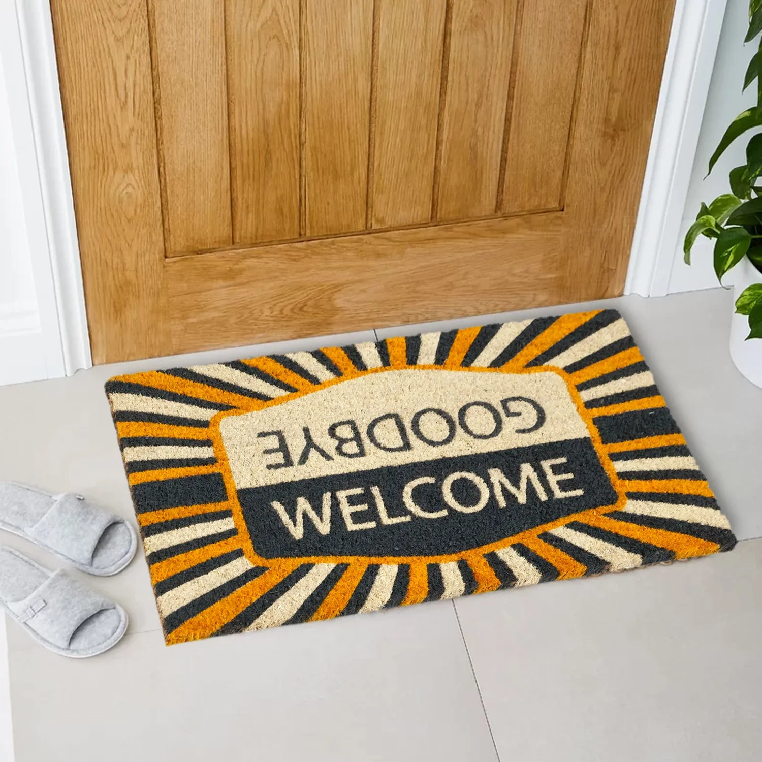 OnlyMat Retro WELCOME GOODBYE Inverse Design Yellow & Grey Printed Natural Coir Entrance Mat