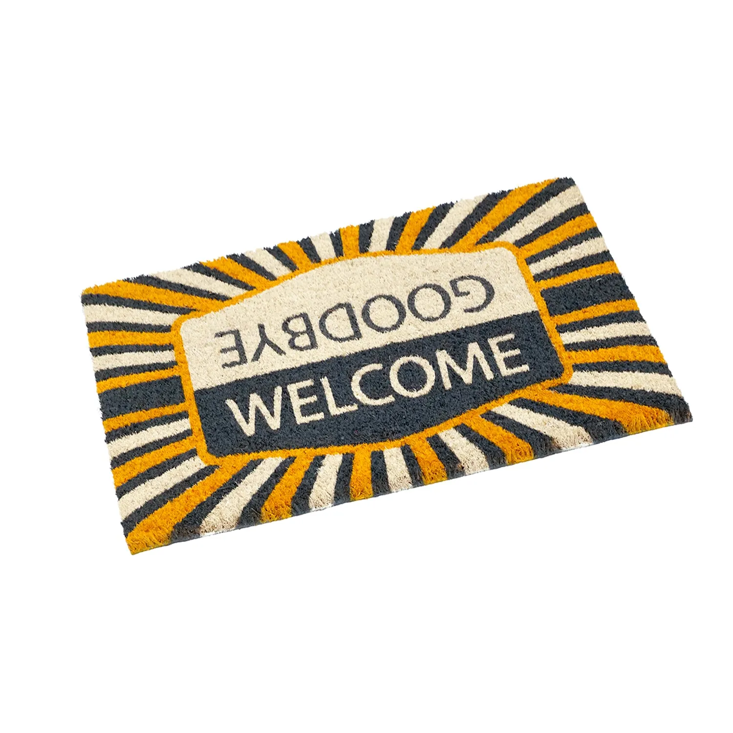 OnlyMat Retro WELCOME GOODBYE Inverse Design Yellow & Grey Printed Natural Coir Entrance Mat