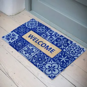 OnlyMat Welcome Printed Blue Colour Natural Coir Entrance Door Mat
