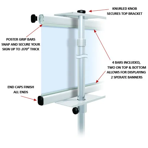 Poster Grip Snap-On Banner Stands For 36" Wide Posters or Banners - Adjustable Pole, Display One or Two Banner Signs