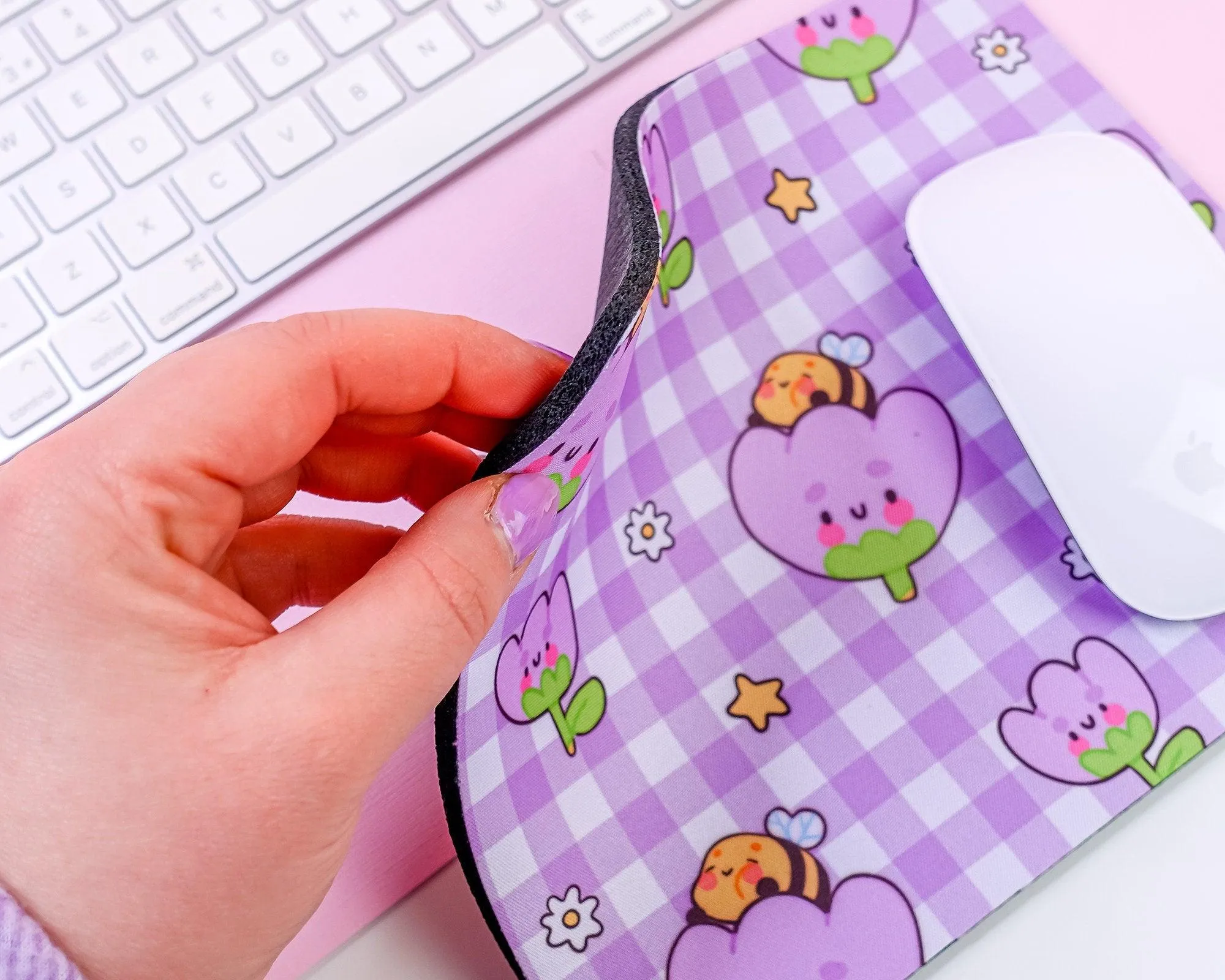 Purple Gingham Mouse Pad | Bumblebutt & Tulip Desk Mat | Kawaii Pastel Office Decor