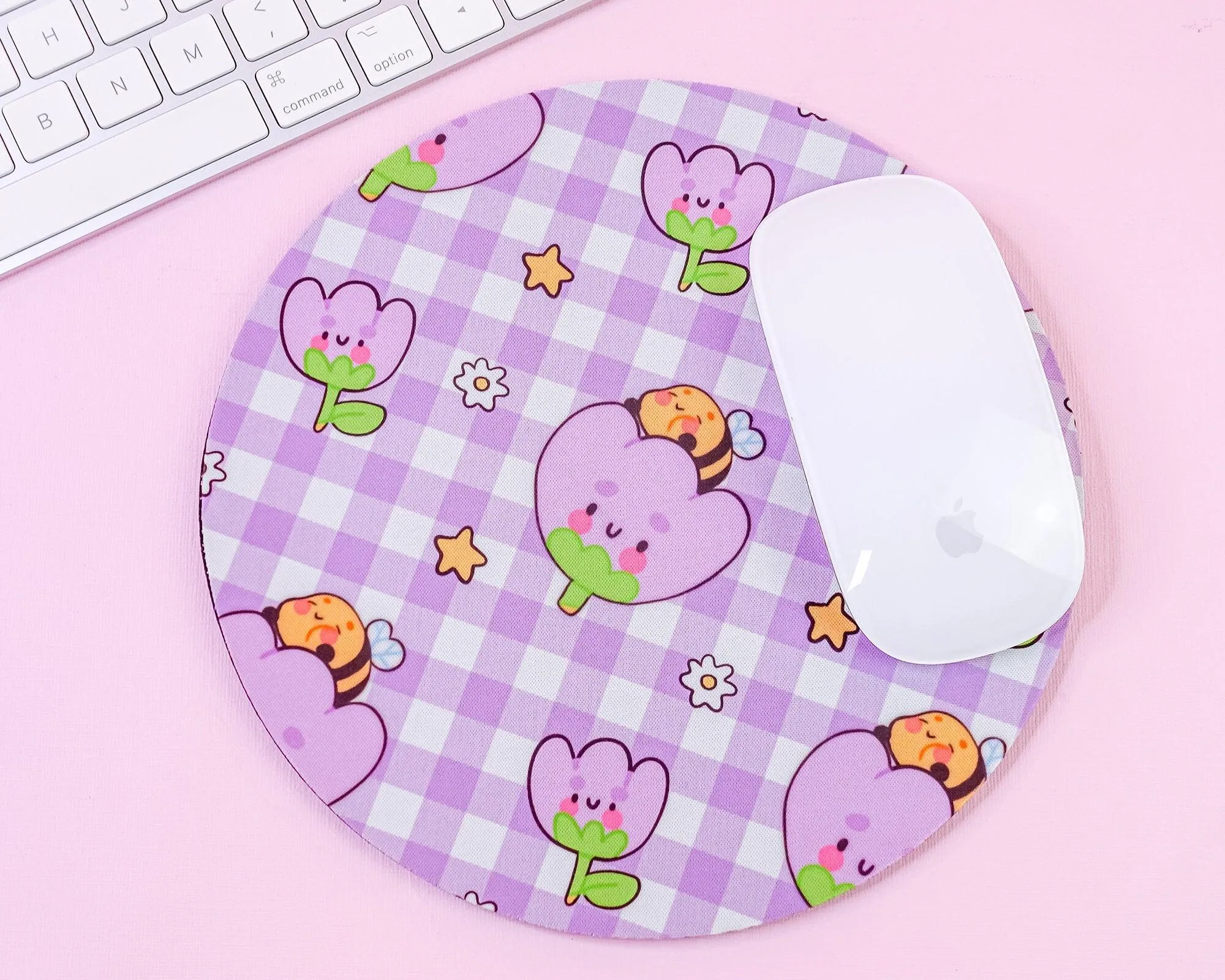 Purple Gingham Mouse Pad | Bumblebutt & Tulip Desk Mat | Kawaii Pastel Office Decor